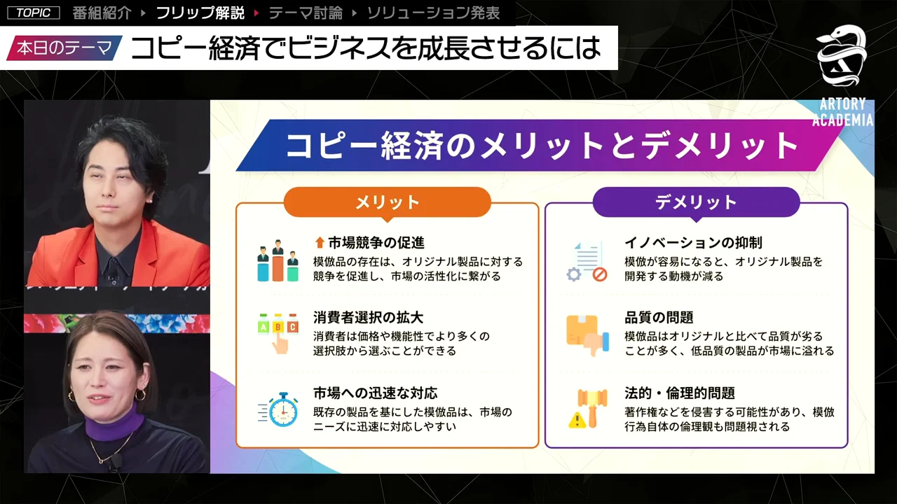 コピー経済には、市場競争の促進とイノベーション抑制という両面があります。