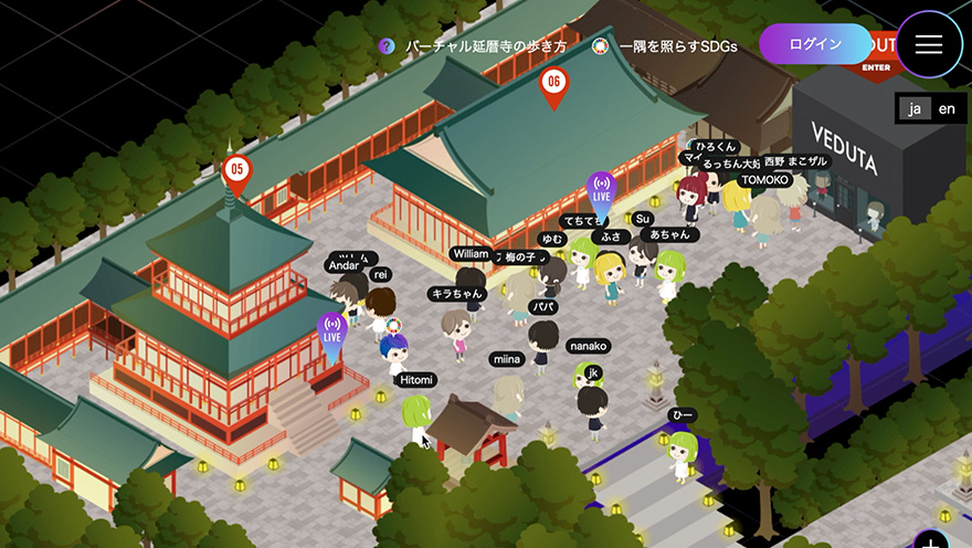 ライブ配信中に視聴者のアバターが、メタバースプラットフォーム「比叡山バーチャル延暦寺」に集まる